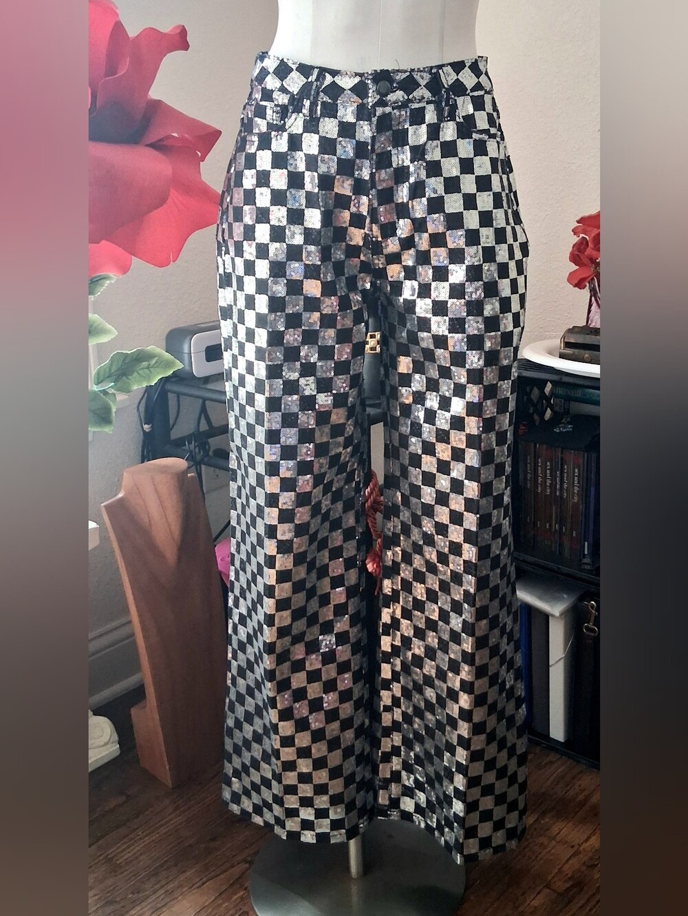 Sequin Checkerboard Wide-Leg Trousers - Black & Silver